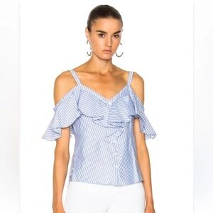 Veronica Beard Blue Striped Cold Shoulder Blouse